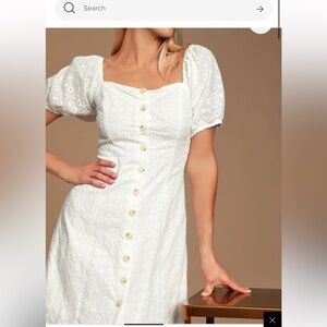 Lulus Medium Sweet Sonata White Eyelet Button Front Puff Sleeve Dress Graduation